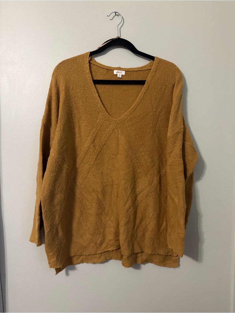 Debut Mustard Yellow Oversized V-Neck Slit Hem Knit Pullover Sweater Women's S/M